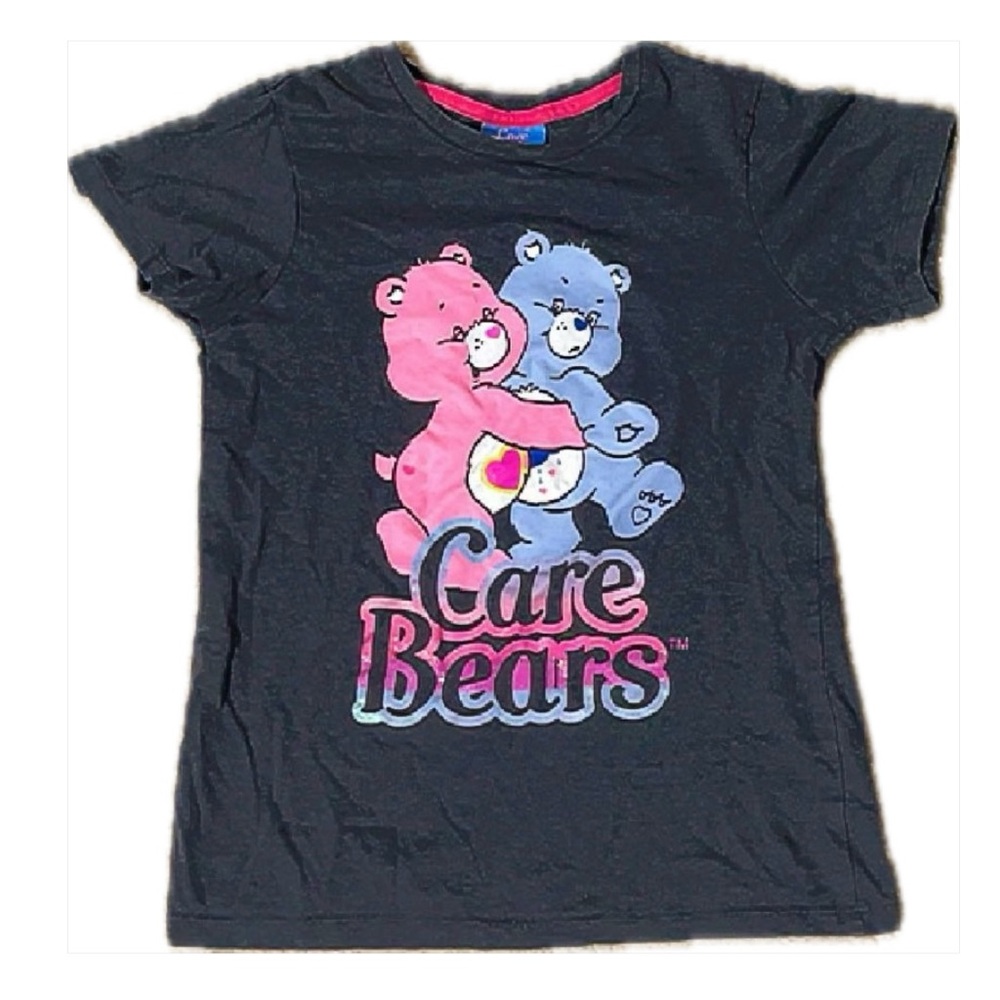 CARE BEARS BABY TEE GRUMPY BEAR HAPPY BEAR HUG CHARCOAL GREY PINK BLUE GLITTER